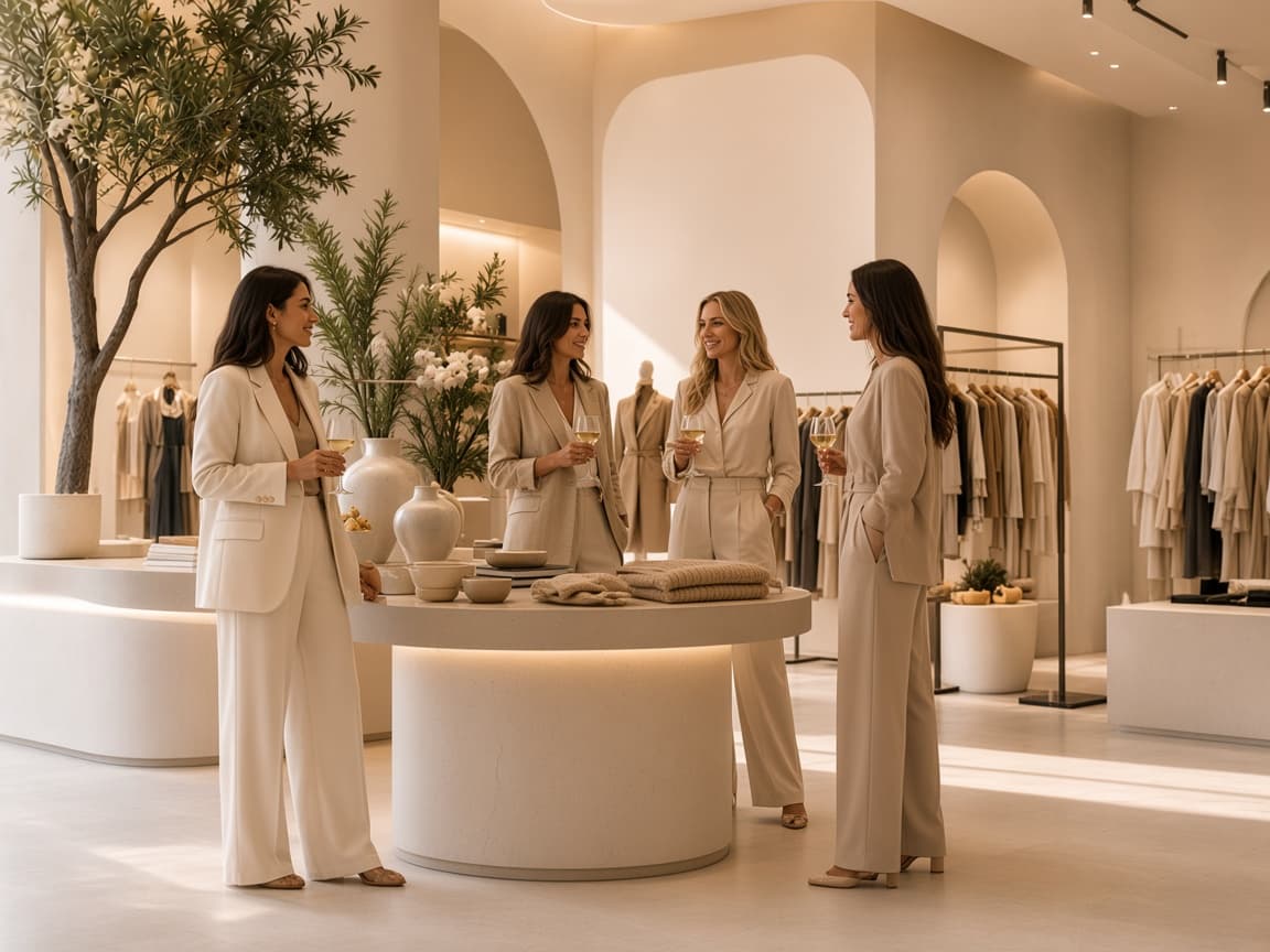 Editorial still of people gathered in a pale retail space. Used here as a stand-in for Destination 001, not a photograph from the Hong Kong Design Centre pop-up.