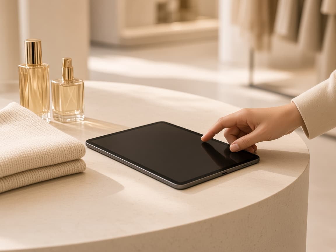 Editorial still of a hand reaching toward a tablet. Used here as a stand-in for the public and owner digital layers, not a capture from the live experiment.
