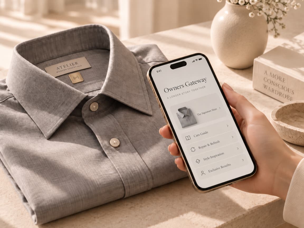 Editorial still of a folded grey shirt beside a phone. Used here as a stand-in for a connected garment journey, not a photograph of What Lies Beneath.